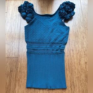 Blue Sleeveless Knit Top with Rosebud Shoulders